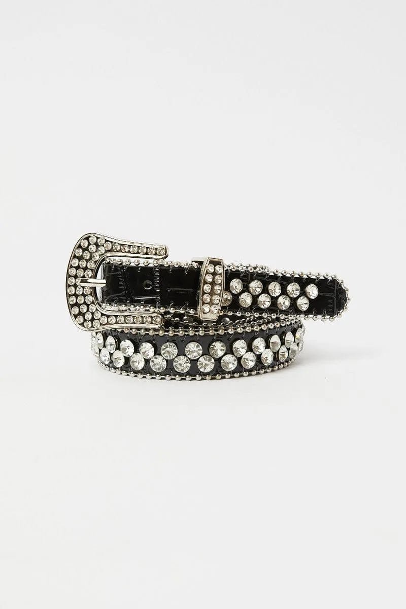 Black Rhinestone Detail Buckle Belts