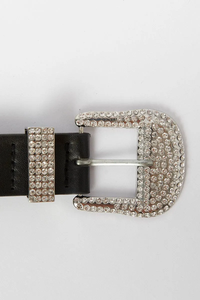 Black Rhinestone Detail Buckle Belts