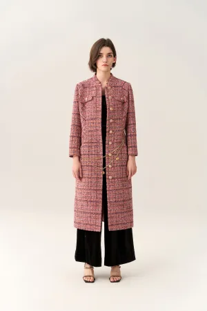 Charm-detail Chain Belt Stand Collar Tweed Dress