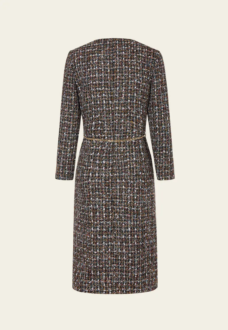 Checked Charm-detail Chain Belt Tweed Dress