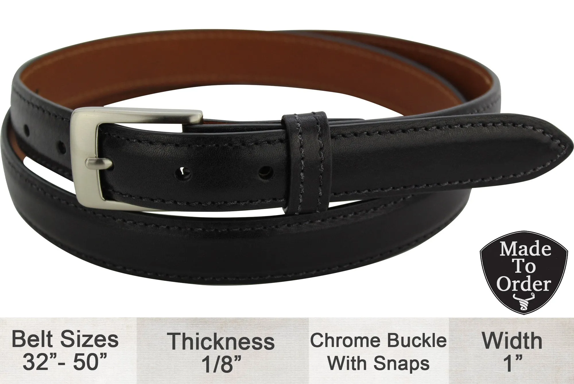 Designer Black Italian Calf Leather Dress Belt: 1” Wide **Made To Order Allow 5 To 6 Weeks To Ship