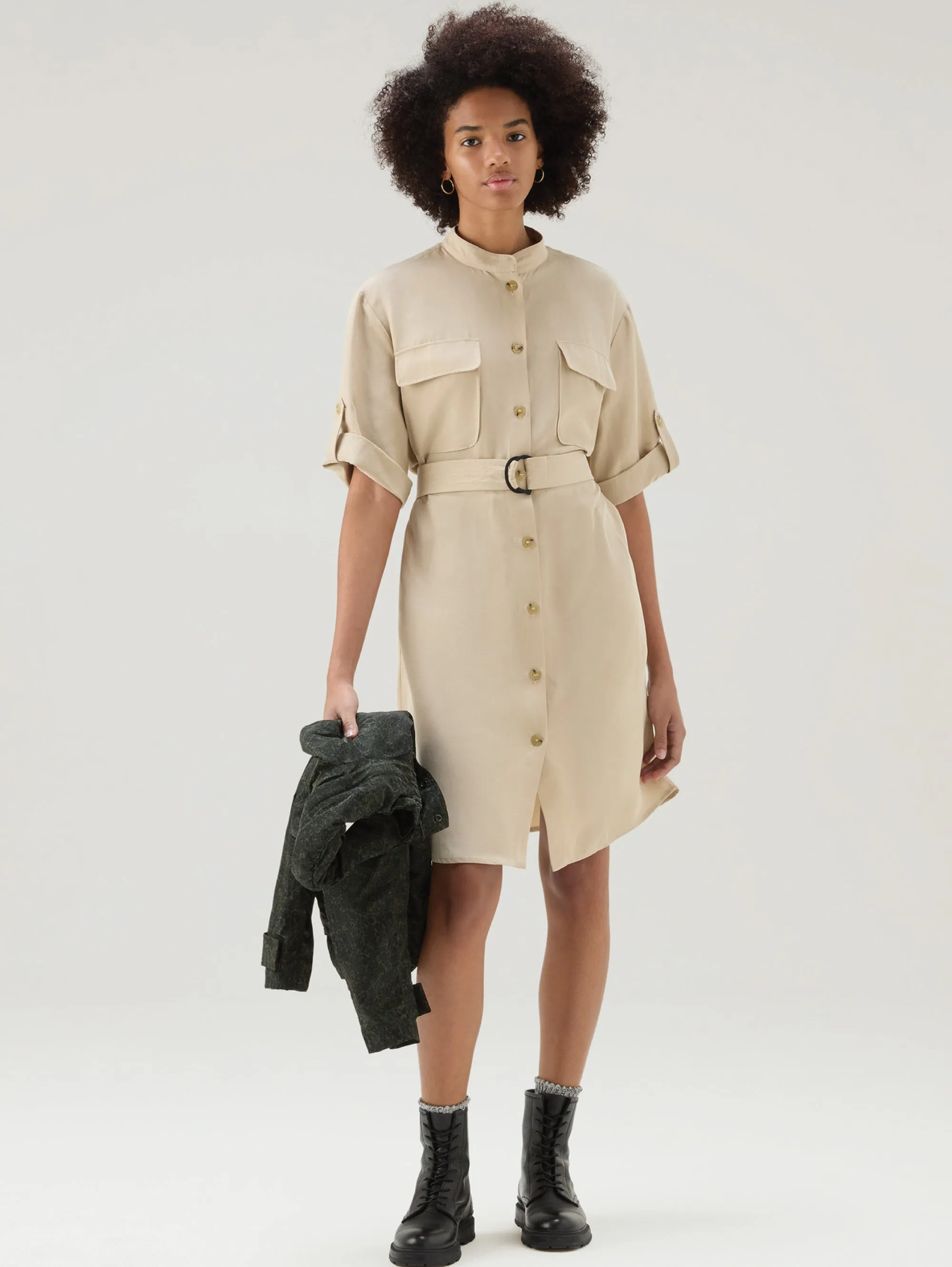 Linen Shirt Dress with Beige Belt