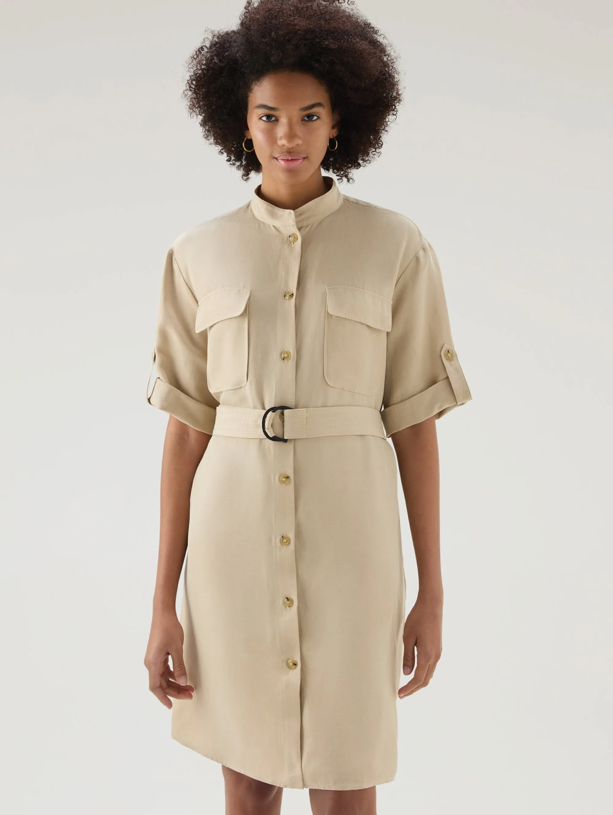 Linen Shirt Dress with Beige Belt