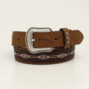 M&F 3D 1 1/2 Tooled Tabs Buck Stitch Weave Brown Western Belt D100012202