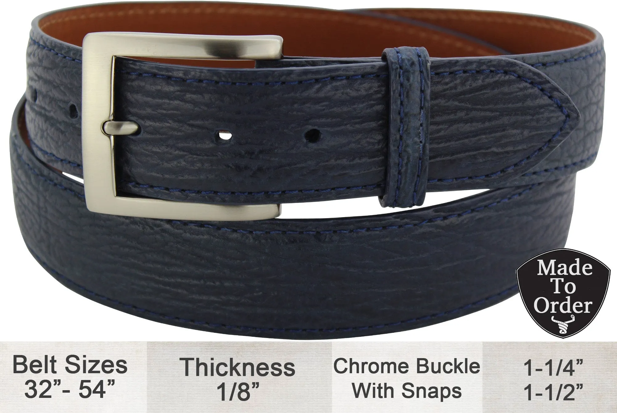 Men's Navy Blue Shark Designer Full Grain Leather Belt **Made To Order Allow 5 To 6 Weeks To Ship