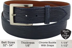Men's Navy Blue Shark Designer Full Grain Leather Belt **Made To Order Allow 5 To 6 Weeks To Ship