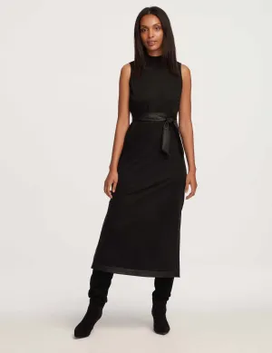 Mock Neck Midi Dress With Vegan Leather Belt- Sale