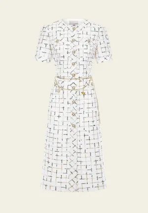 Prestige White Check Tweed Dress with Chain Belt